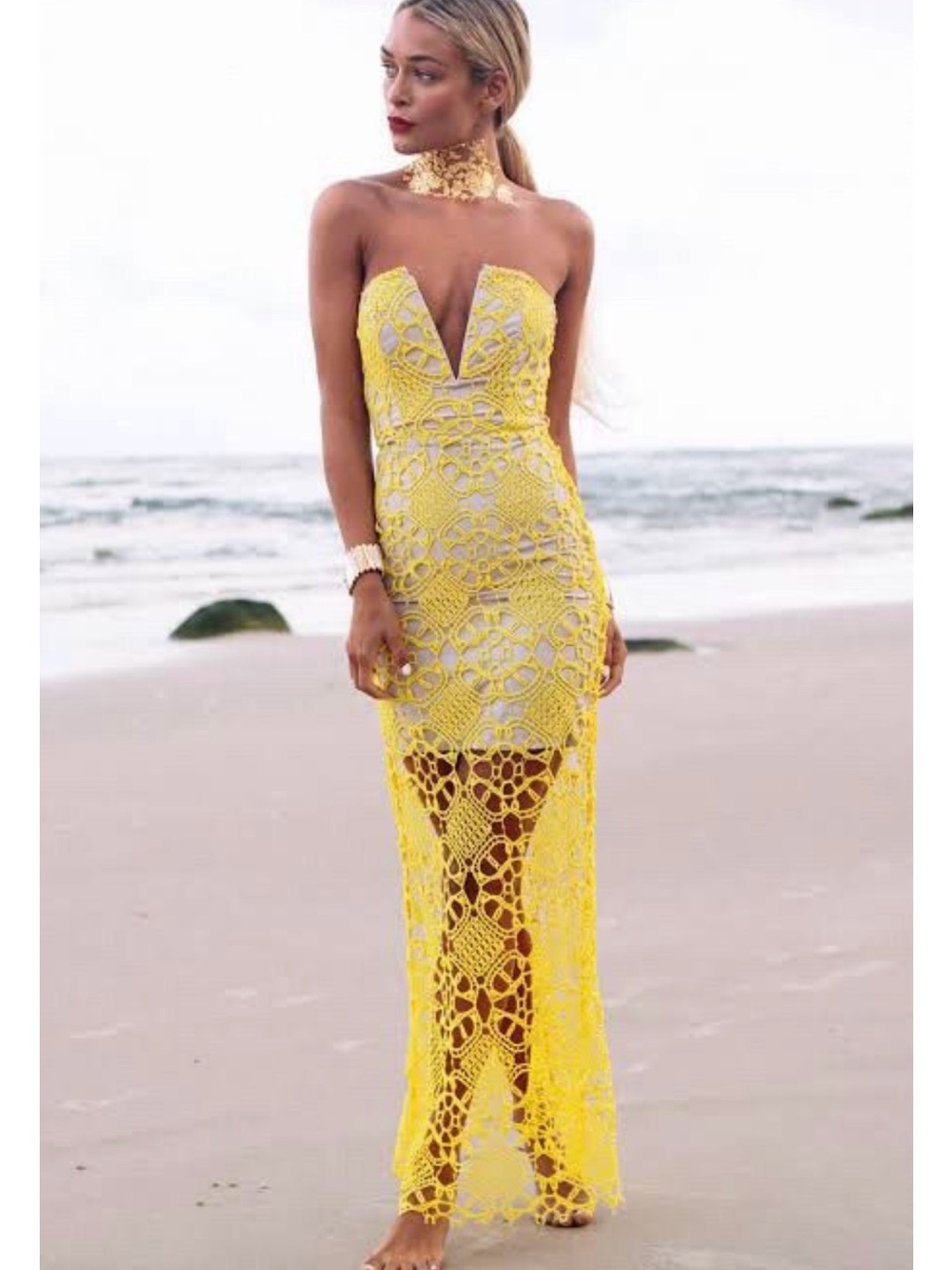 Sabo Skirt Yellow Crochet Lace Maxi Dress